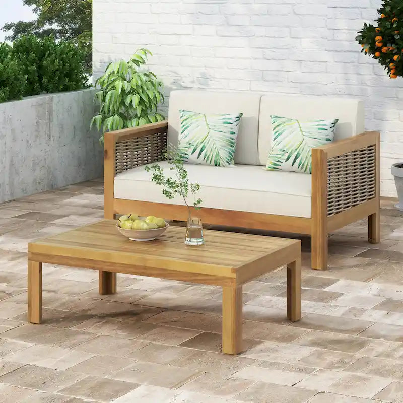 Roomfitters Acacia Wood and Wicker Loveseat Patio Set with Cushions and Coffee Table, Teak Beige