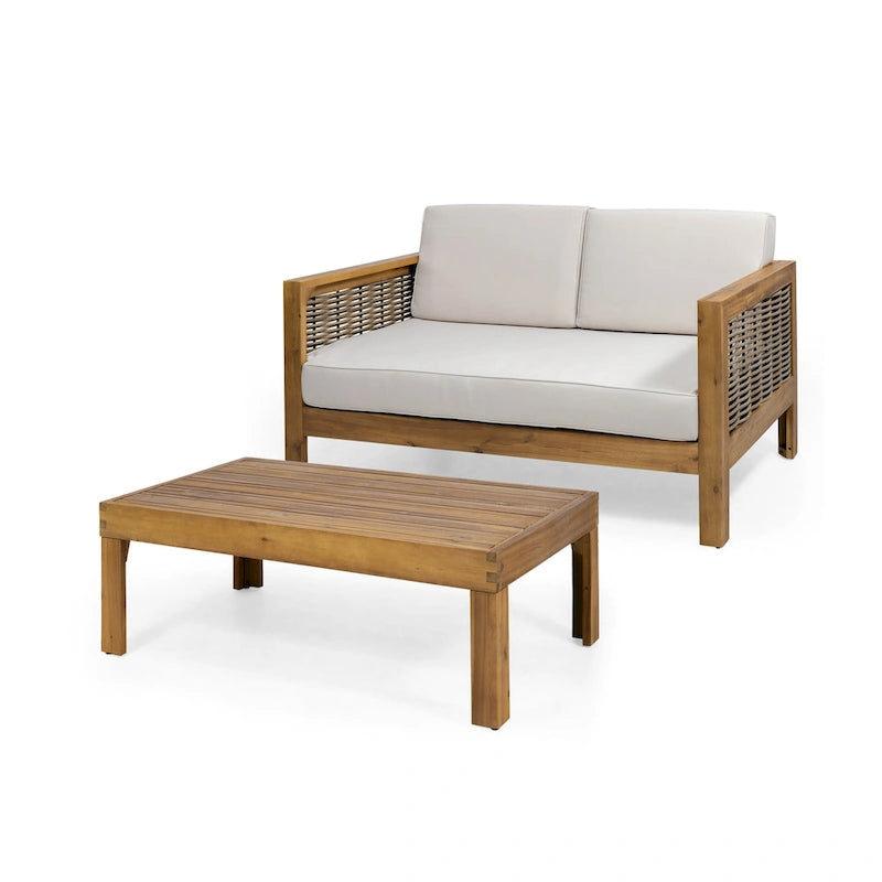 Ensemble de patio Roomfitters en bois d'acacia et osier avec causeuse, coussins et table basse, beige teck