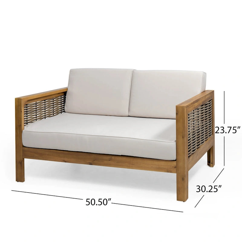 Ensemble de patio Roomfitters en bois d'acacia et osier avec causeuse, coussins et table basse, beige teck