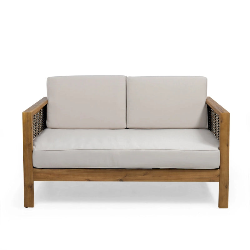 Ensemble de patio Roomfitters en bois d'acacia et osier avec causeuse, coussins et table basse, beige teck
