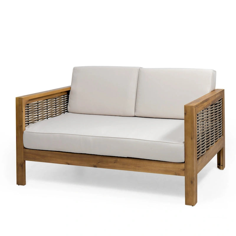 Ensemble de patio Roomfitters en bois d'acacia et osier avec causeuse, coussins et table basse, beige teck