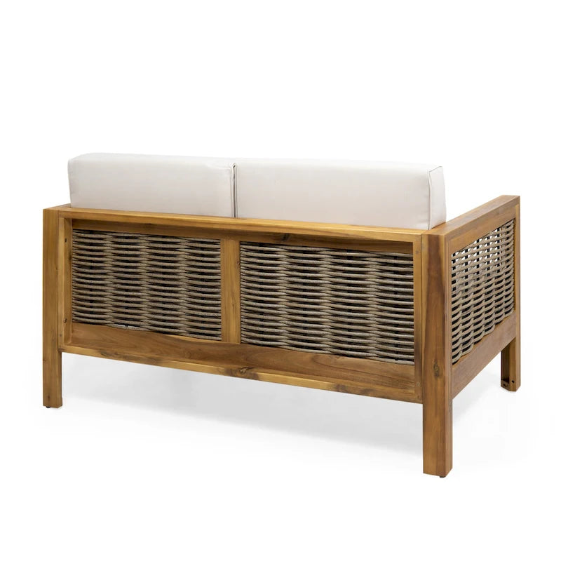 Ensemble de patio Roomfitters en bois d'acacia et osier avec causeuse, coussins et table basse, beige teck