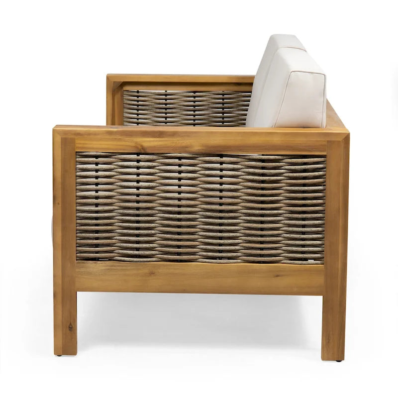 Ensemble de patio Roomfitters en bois d'acacia et osier avec causeuse, coussins et table basse, beige teck