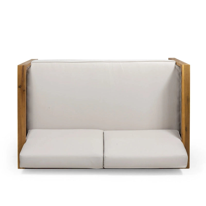 Ensemble de patio Roomfitters en bois d'acacia et osier avec causeuse, coussins et table basse, beige teck