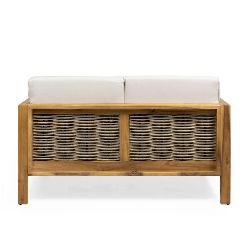 Ensemble de patio Roomfitters en bois d'acacia et osier avec causeuse, coussins et table basse, beige teck