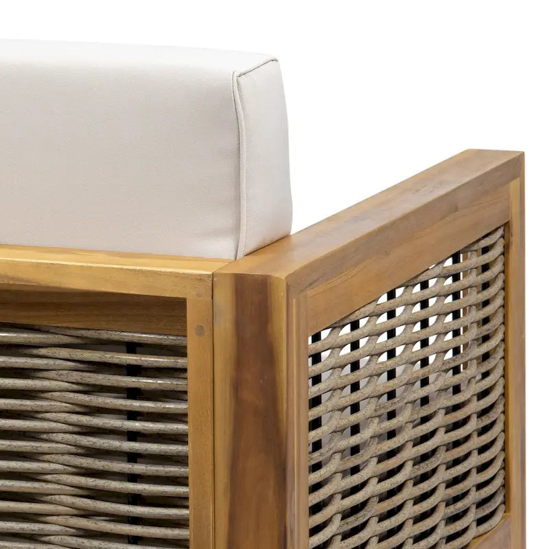 Ensemble de patio Roomfitters en bois d'acacia et osier avec causeuse, coussins et table basse, beige teck
