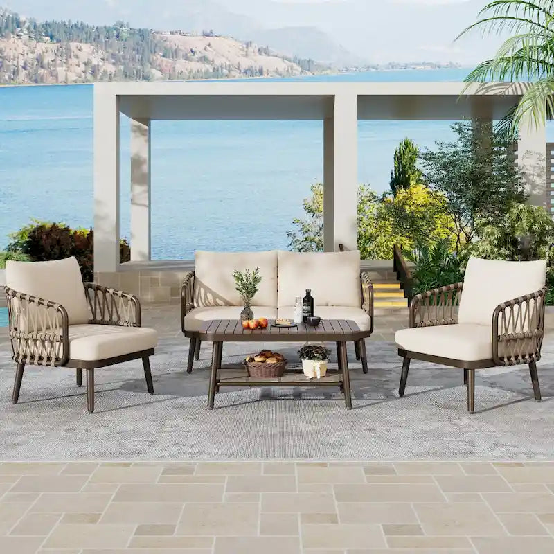 Roomfitters Salon de conversation de jardin 4 pièces avec dossier en corde tressée, coussins et chaises à structure métallique