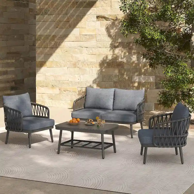 Roomfitters Salon de conversation de jardin 4 pièces avec dossier en corde tressée, coussins et chaises à structure métallique