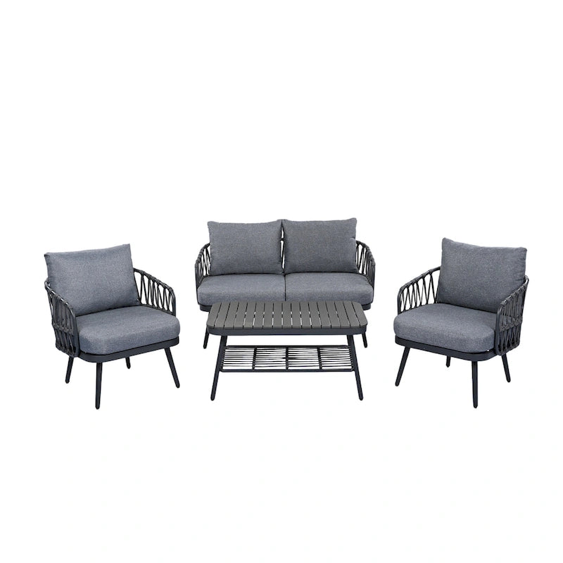 Roomfitters Salon de conversation de jardin 4 pièces avec dossier en corde tressée, coussins et chaises à structure métallique
