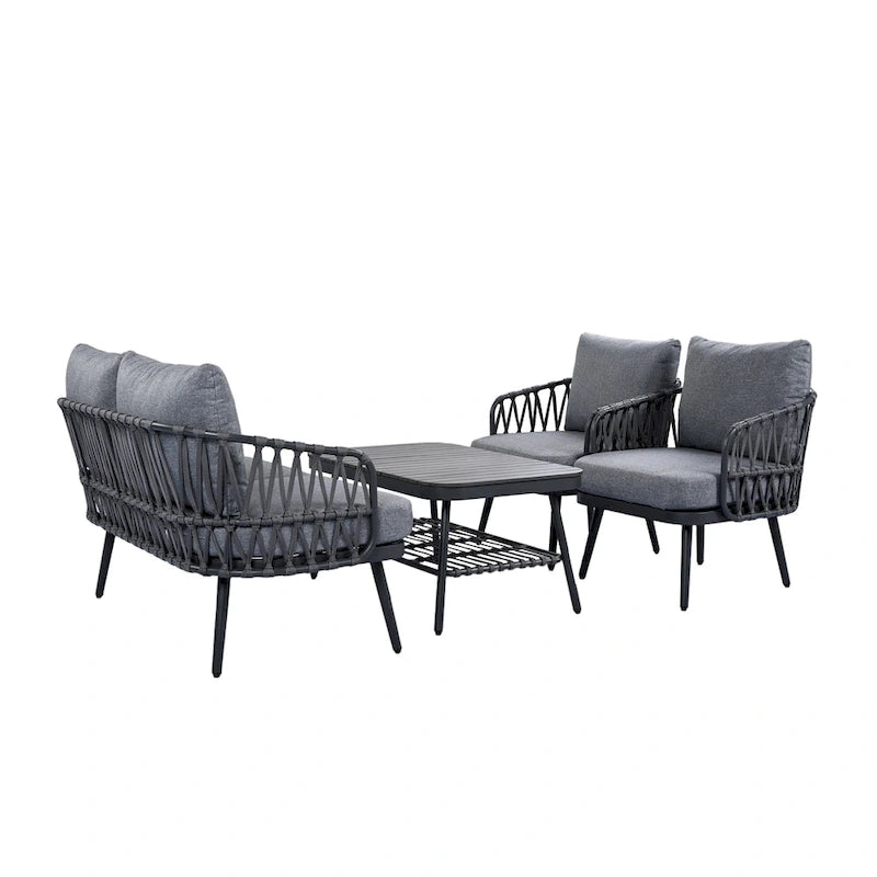 Roomfitters Salon de conversation de jardin 4 pièces avec dossier en corde tressée, coussins et chaises à structure métallique