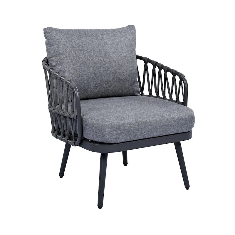 Roomfitters Salon de conversation de jardin 4 pièces avec dossier en corde tressée, coussins et chaises à structure métallique