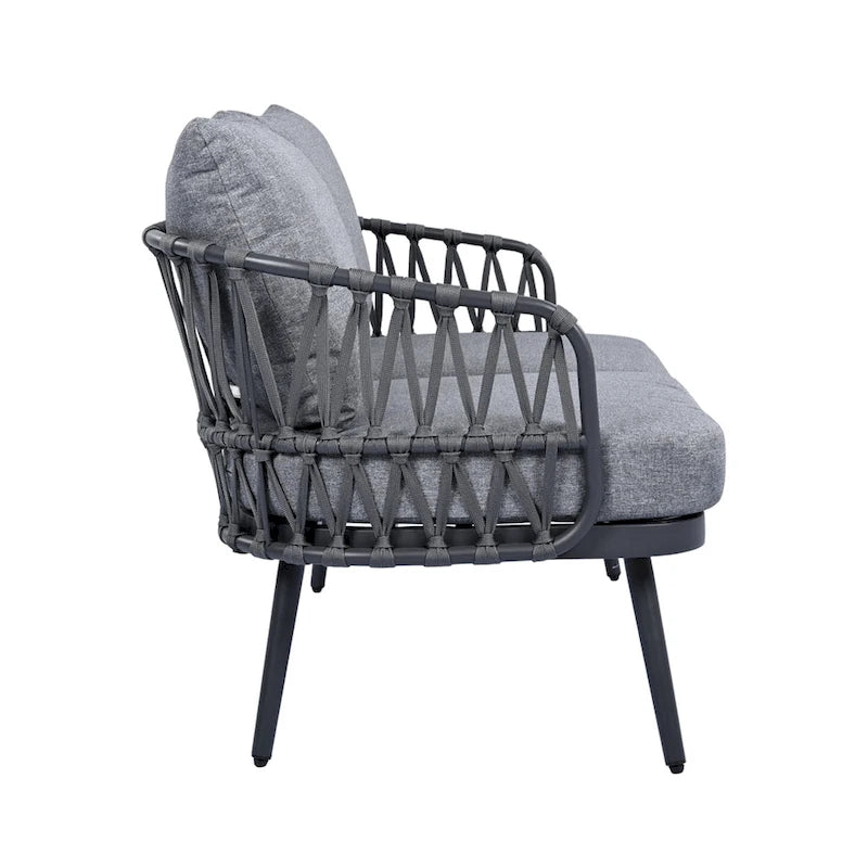 Roomfitters Salon de conversation de jardin 4 pièces avec dossier en corde tressée, coussins et chaises à structure métallique