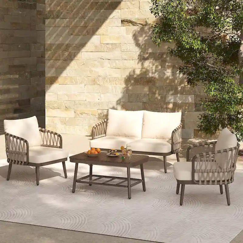 Roomfitters Salon de conversation de jardin 4 pièces avec dossier en corde tressée, coussins et chaises à structure métallique