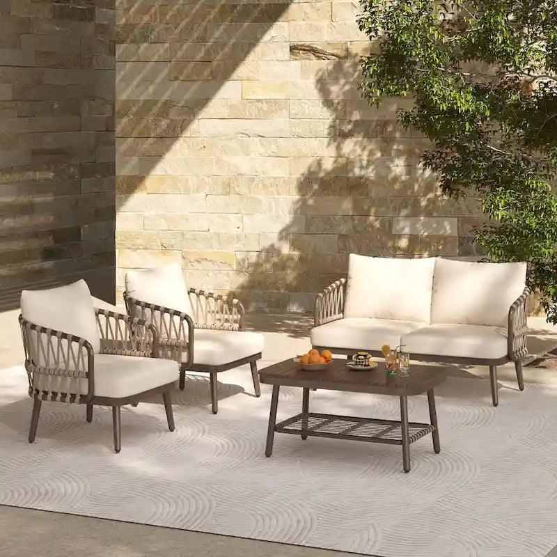 Roomfitters Salon de conversation de jardin 4 pièces avec dossier en corde tressée, coussins et chaises à structure métallique