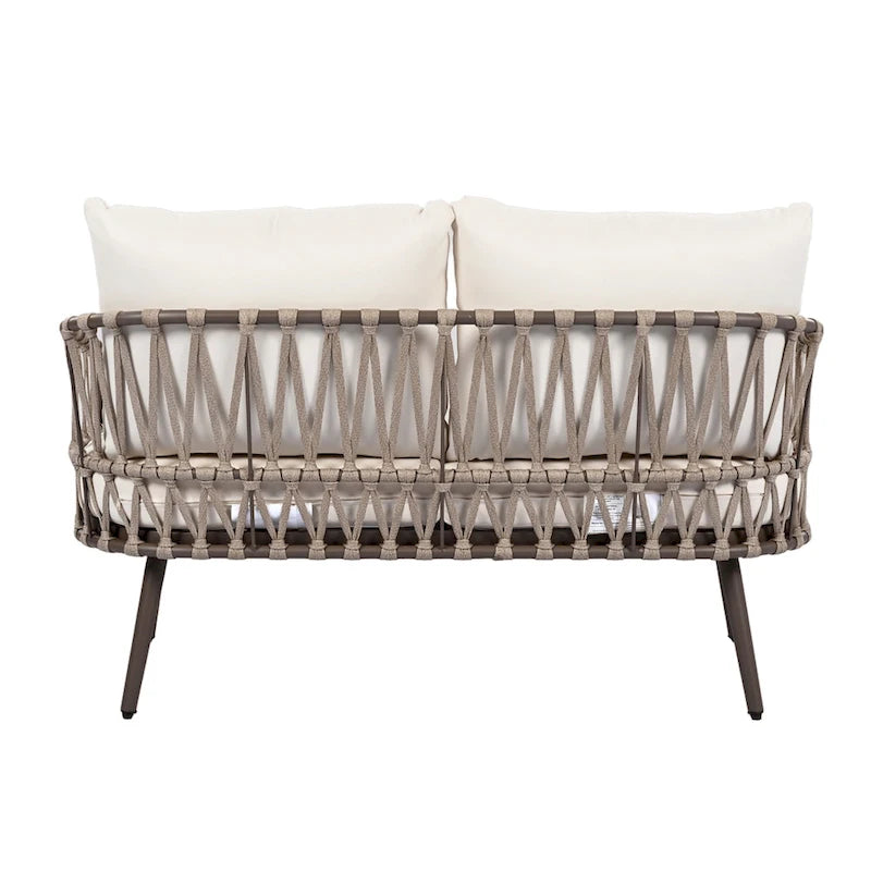 Roomfitters Salon de conversation de jardin 4 pièces avec dossier en corde tressée, coussins et chaises à structure métallique