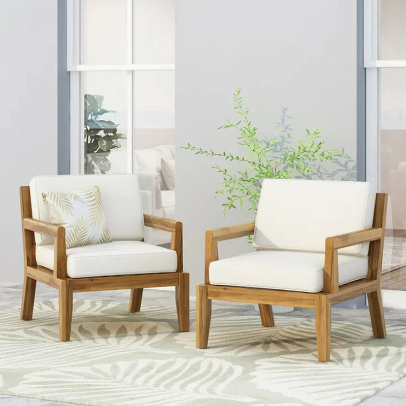 Lot de 2 fauteuils de jardin Roomfitters en bois d'acacia avec coussins imperméables pour véranda ou jardin, teck beige