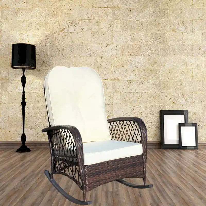 Outdoor Wicker Rocking Chair with Wide Seat, All- Weather Rattan Armchair for Poolside, Garden, Porch, Backyard