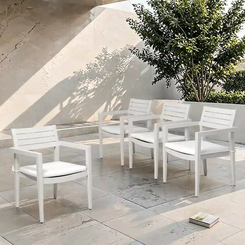 Lot de 4 chaises de salle à manger fixes en aluminium pour terrasse extérieure, coussins Sunbrella résistants aux intempéries, pieds coniques