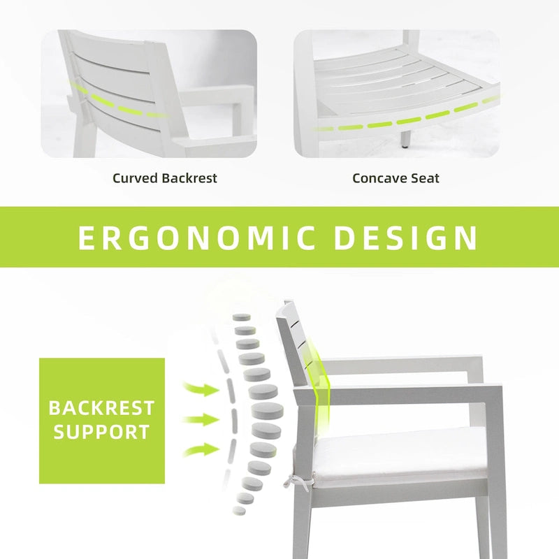 Lot de 4 chaises de salle à manger fixes en aluminium pour terrasse extérieure, coussins Sunbrella résistants aux intempéries, pieds coniques