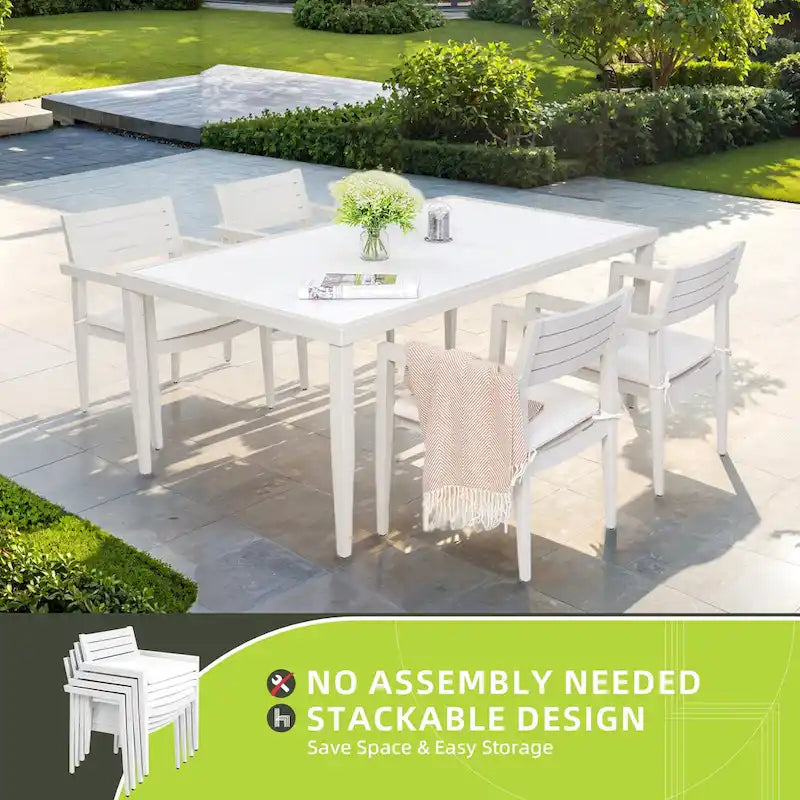 Lot de 4 chaises de salle à manger fixes en aluminium pour terrasse extérieure, coussins Sunbrella résistants aux intempéries, pieds coniques