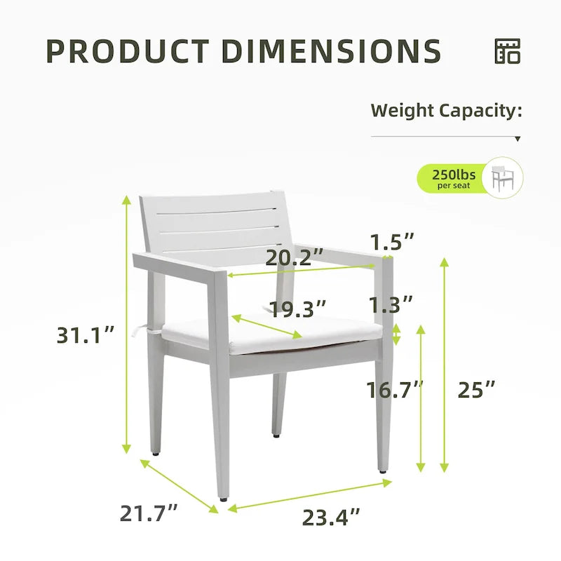 Lot de 4 chaises de salle à manger fixes en aluminium pour terrasse extérieure, coussins Sunbrella résistants aux intempéries, pieds coniques