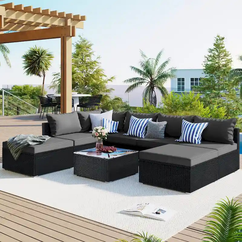 Ensemble de canapés modulaires d'extérieur 8 places en osier avec table basse