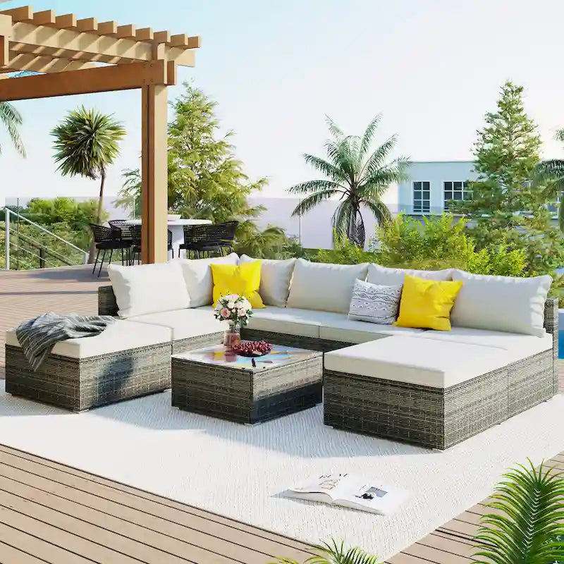 Ensemble de canapés modulaires d'extérieur 8 places en osier avec table basse