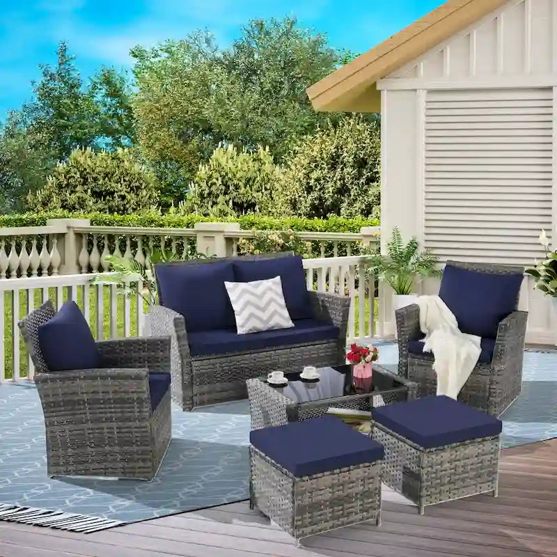 Ensemble de canapé sectionnel 6 pièces en rotin pour terrasse extérieure avec table en verre