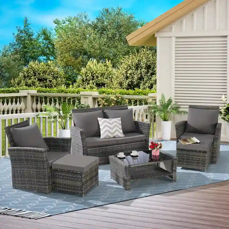 Ensemble de canapé sectionnel 6 pièces en rotin pour terrasse extérieure avec table en verre