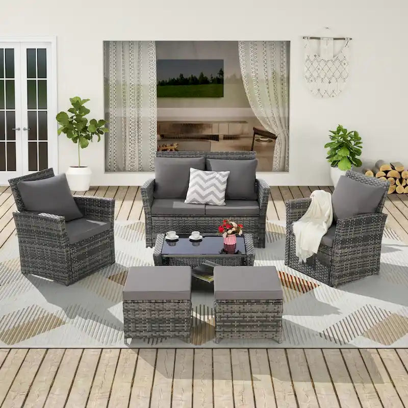 Ensemble de canapé sectionnel 6 pièces en rotin pour terrasse extérieure avec table en verre