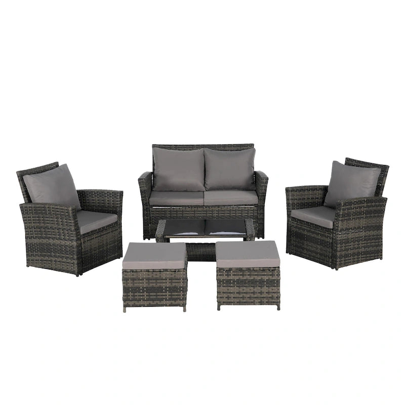 Ensemble de canapé sectionnel 6 pièces en rotin pour terrasse extérieure avec table en verre