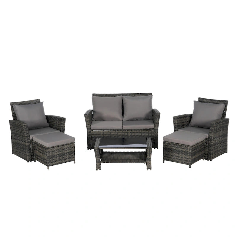 Ensemble de canapé sectionnel 6 pièces en rotin pour terrasse extérieure avec table en verre