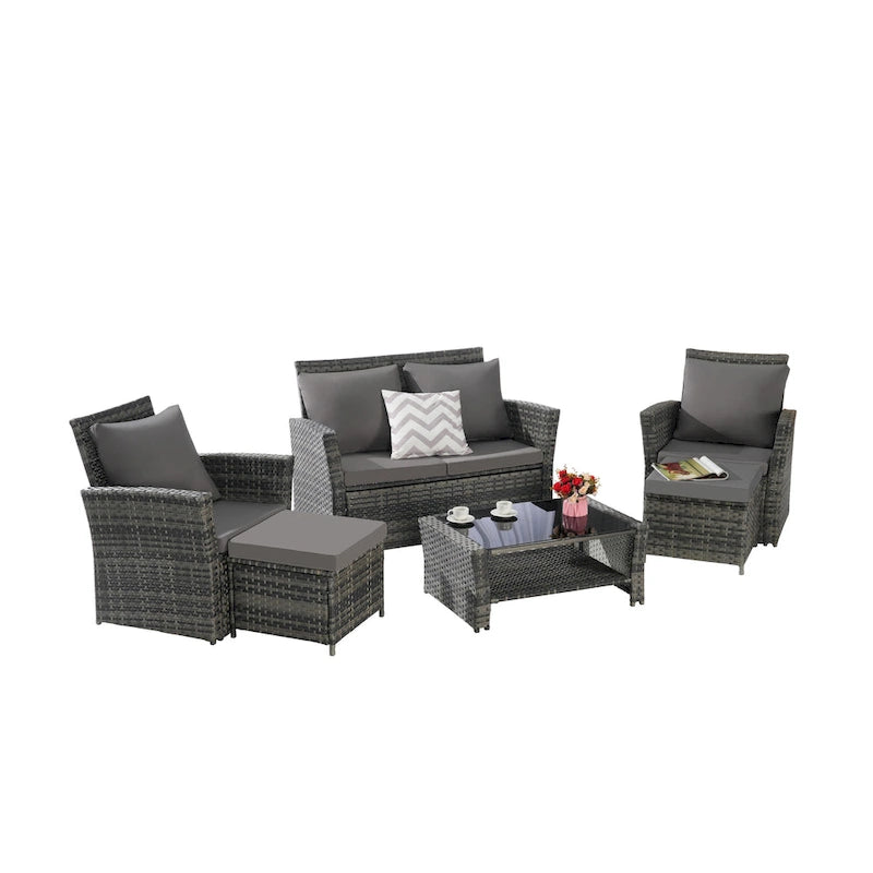 Ensemble de canapé sectionnel 6 pièces en rotin pour terrasse extérieure avec table en verre