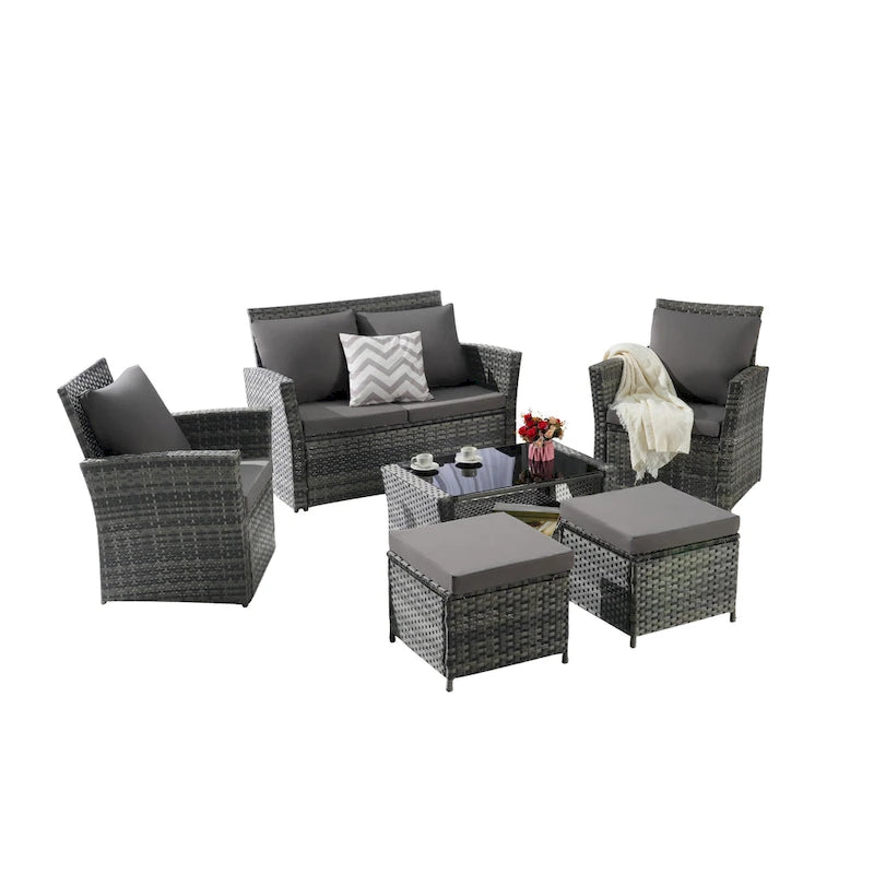 Ensemble de canapé sectionnel 6 pièces en rotin pour terrasse extérieure avec table en verre