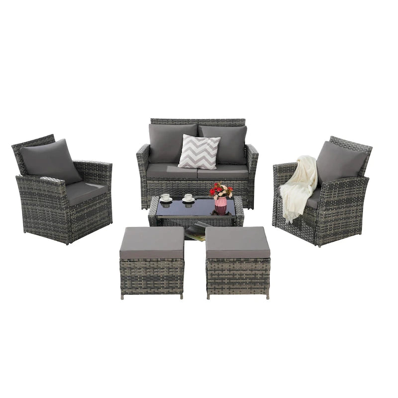 Ensemble de canapé sectionnel 6 pièces en rotin pour terrasse extérieure avec table en verre