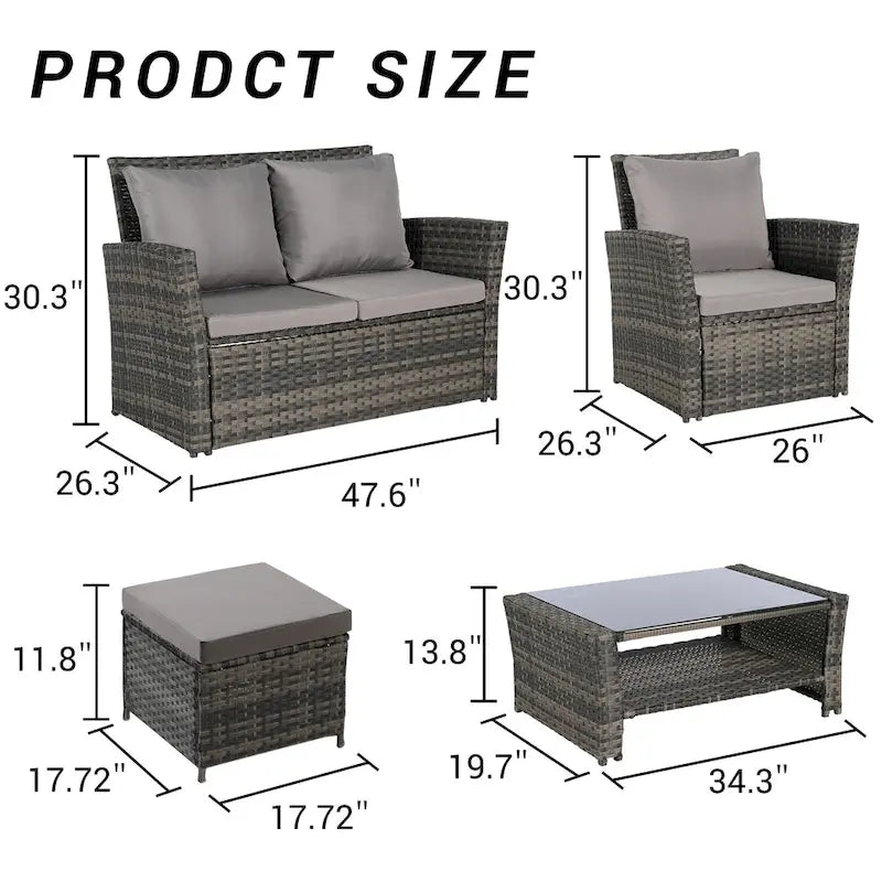 Ensemble de canapé sectionnel 6 pièces en rotin pour terrasse extérieure avec table en verre