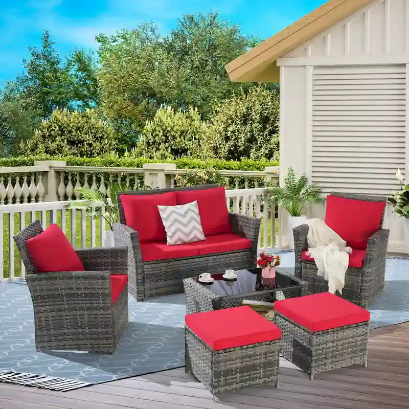 Ensemble de canapé sectionnel 6 pièces en rotin pour terrasse extérieure avec table en verre