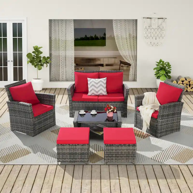 Ensemble de canapé sectionnel 6 pièces en rotin pour terrasse extérieure avec table en verre