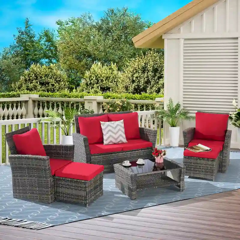 Ensemble de canapé sectionnel 6 pièces en rotin pour terrasse extérieure avec table en verre