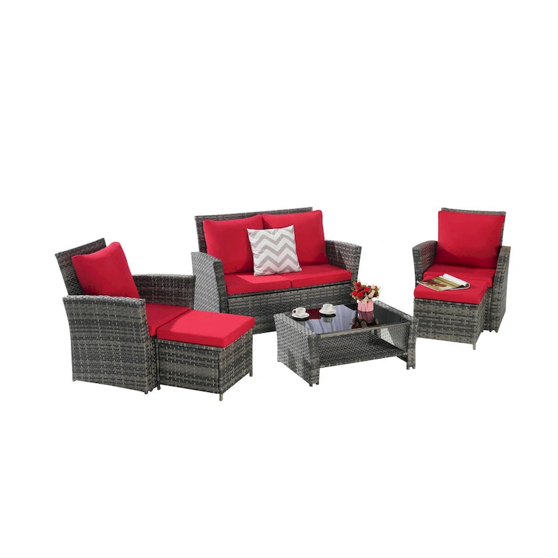 Ensemble de canapé sectionnel 6 pièces en rotin pour terrasse extérieure avec table en verre