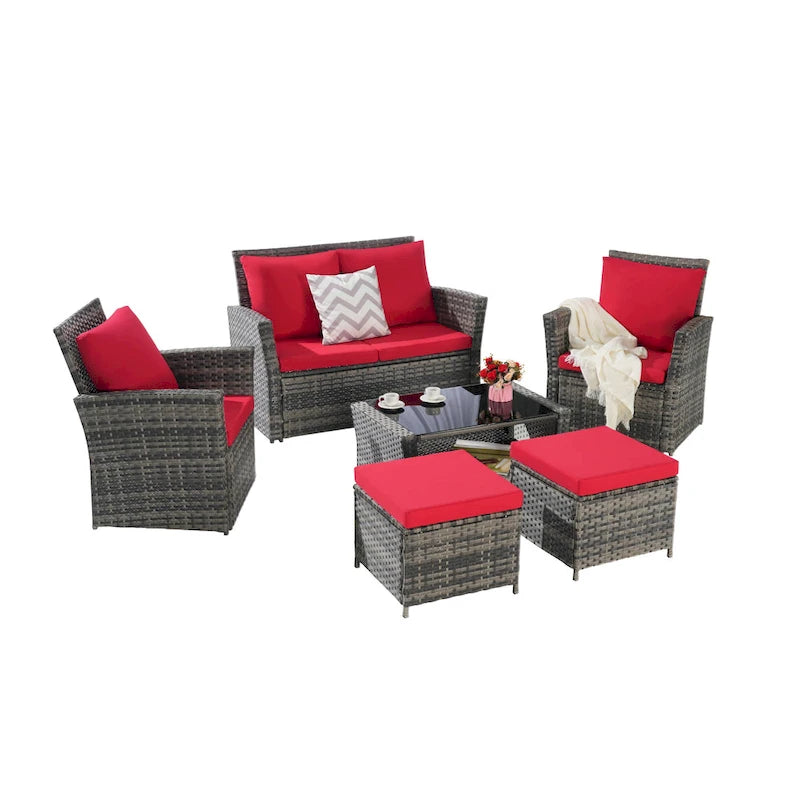 Ensemble de canapé sectionnel 6 pièces en rotin pour terrasse extérieure avec table en verre