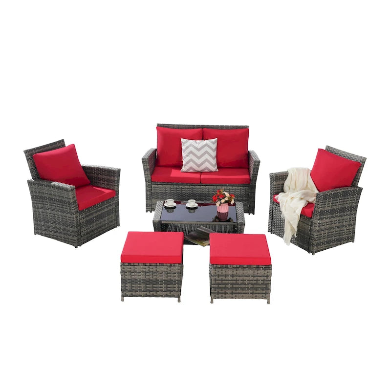 Ensemble de canapé sectionnel 6 pièces en rotin pour terrasse extérieure avec table en verre