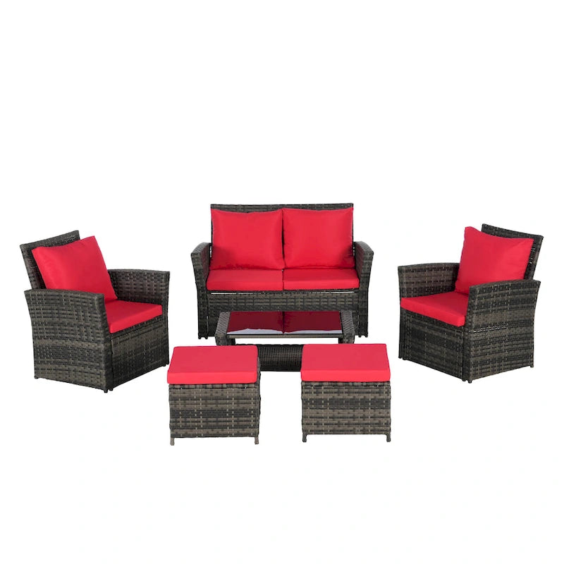 Ensemble de canapé sectionnel 6 pièces en rotin pour terrasse extérieure avec table en verre