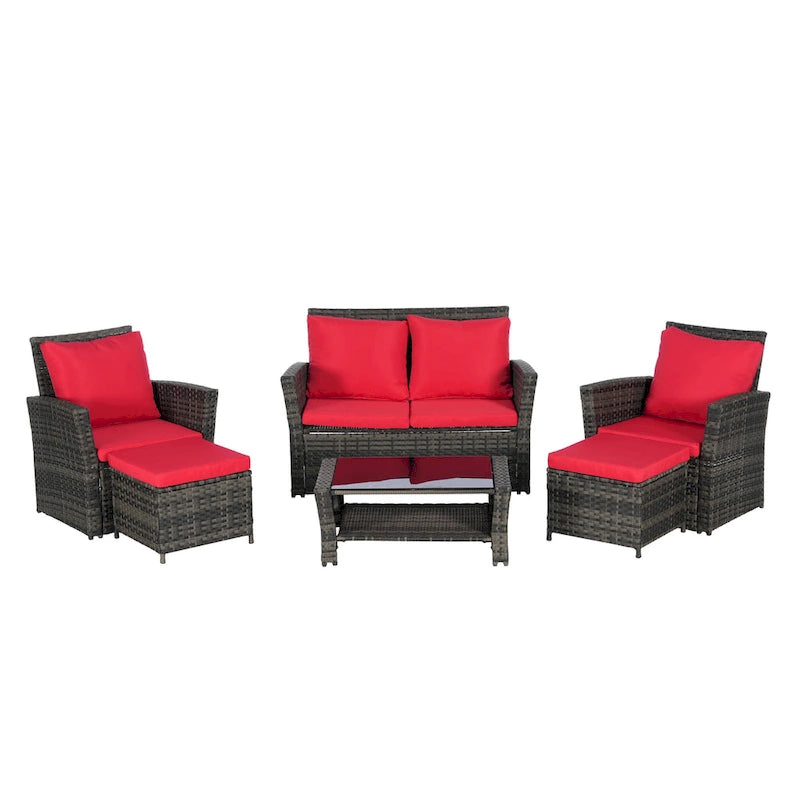 Ensemble de canapé sectionnel 6 pièces en rotin pour terrasse extérieure avec table en verre