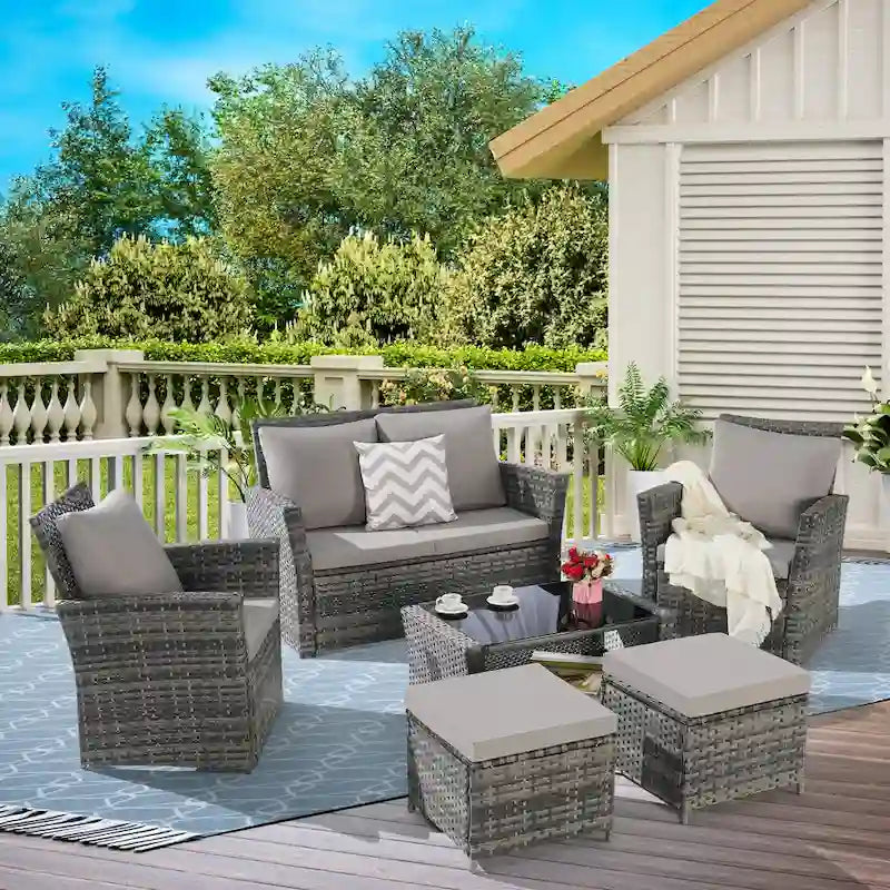Ensemble de canapé sectionnel 6 pièces en rotin pour terrasse extérieure avec table en verre