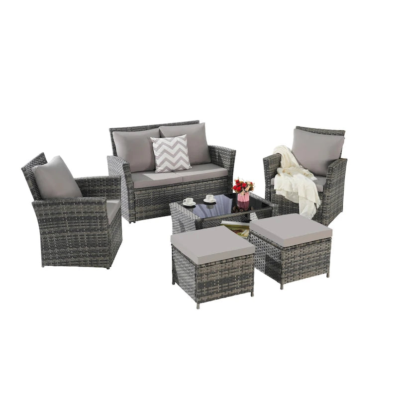 Ensemble de canapé sectionnel 6 pièces en rotin pour terrasse extérieure avec table en verre