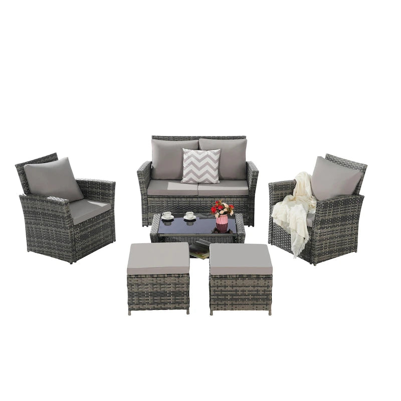 Ensemble de canapé sectionnel 6 pièces en rotin pour terrasse extérieure avec table en verre