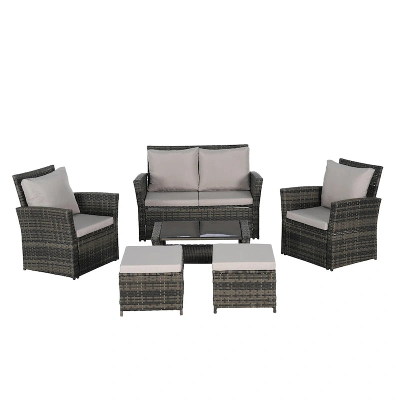 Ensemble de canapé sectionnel 6 pièces en rotin pour terrasse extérieure avec table en verre