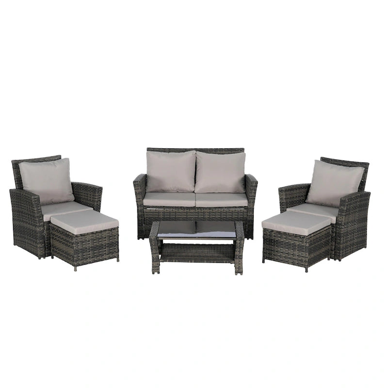 Ensemble de canapé sectionnel 6 pièces en rotin pour terrasse extérieure avec table en verre