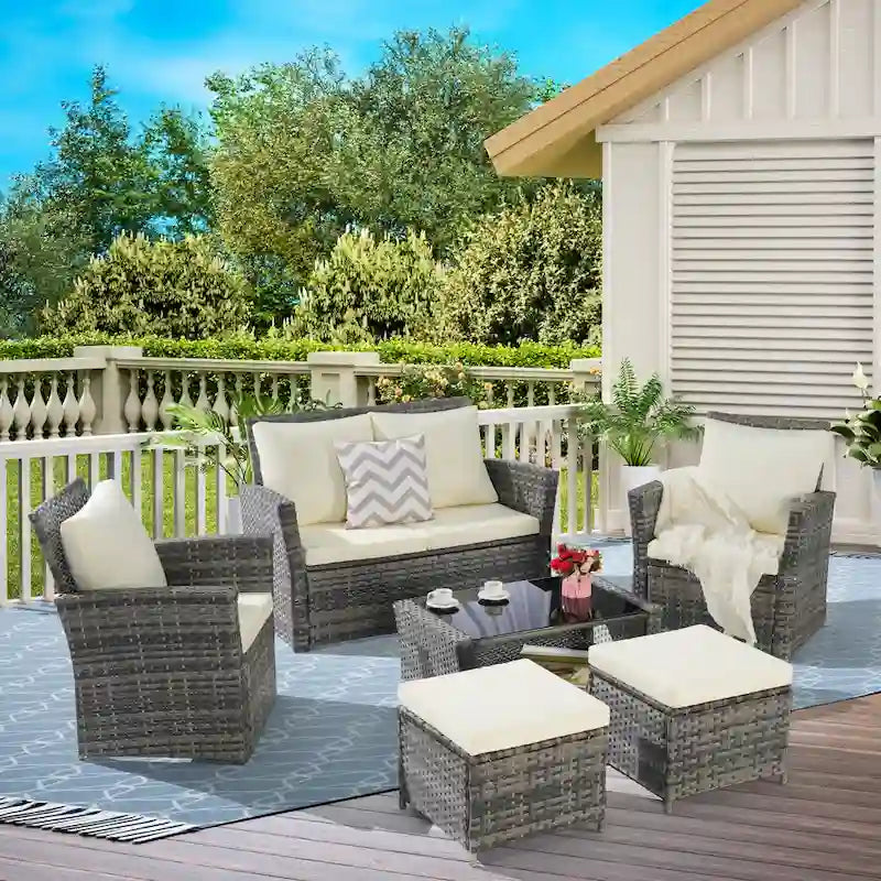 Ensemble de canapé sectionnel 6 pièces en rotin pour terrasse extérieure avec table en verre